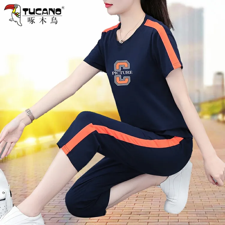 啄木鸟运动套装女夏季薄款2025新款广场舞短袖休闲时尚洋气两件套