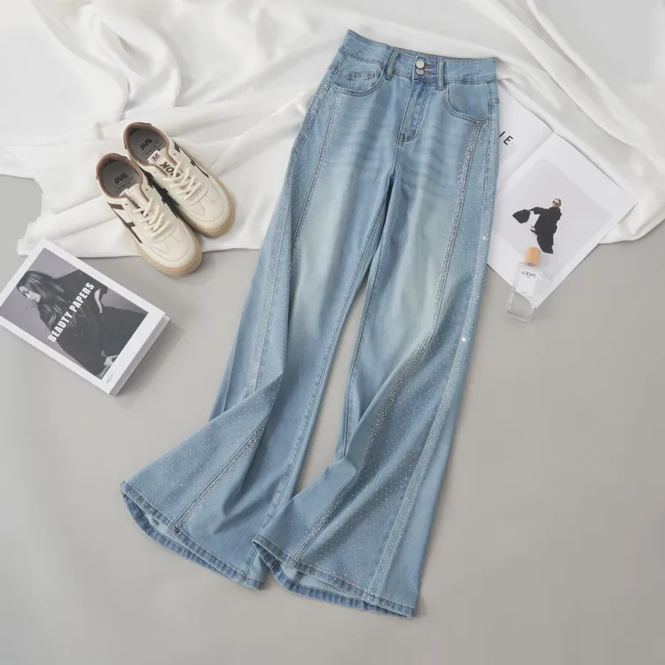 【602通用】天丝弹力浅色烫钻牛仔裤女2025直筒阔腿裤拖地裤垂感