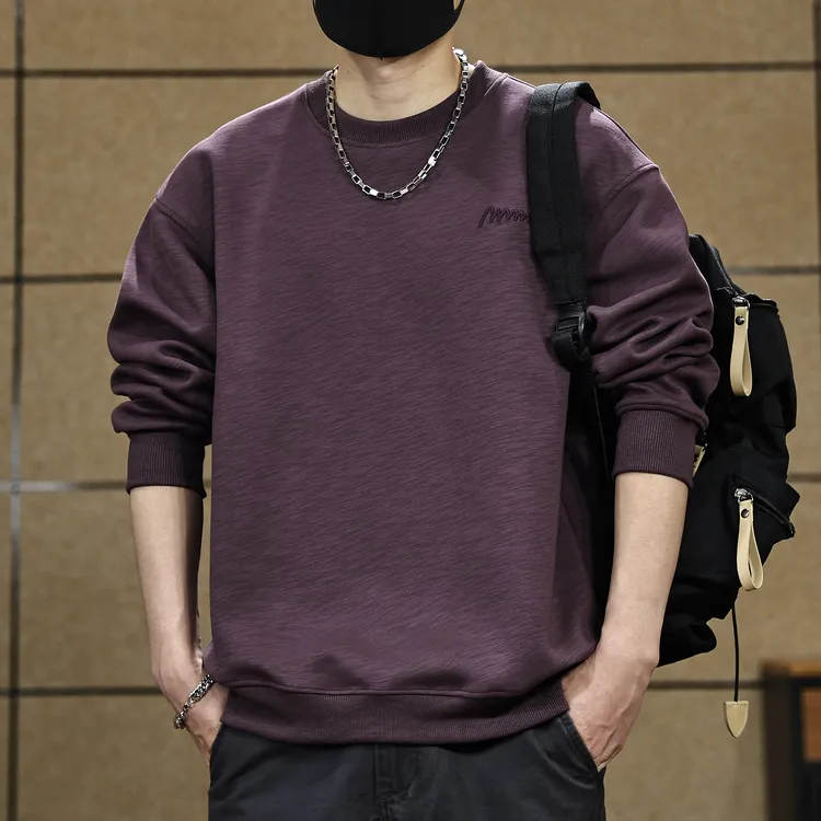 美式重磅圆领卫衣男款2025新款潮流宽松紫色上衣简约百搭衣服男装