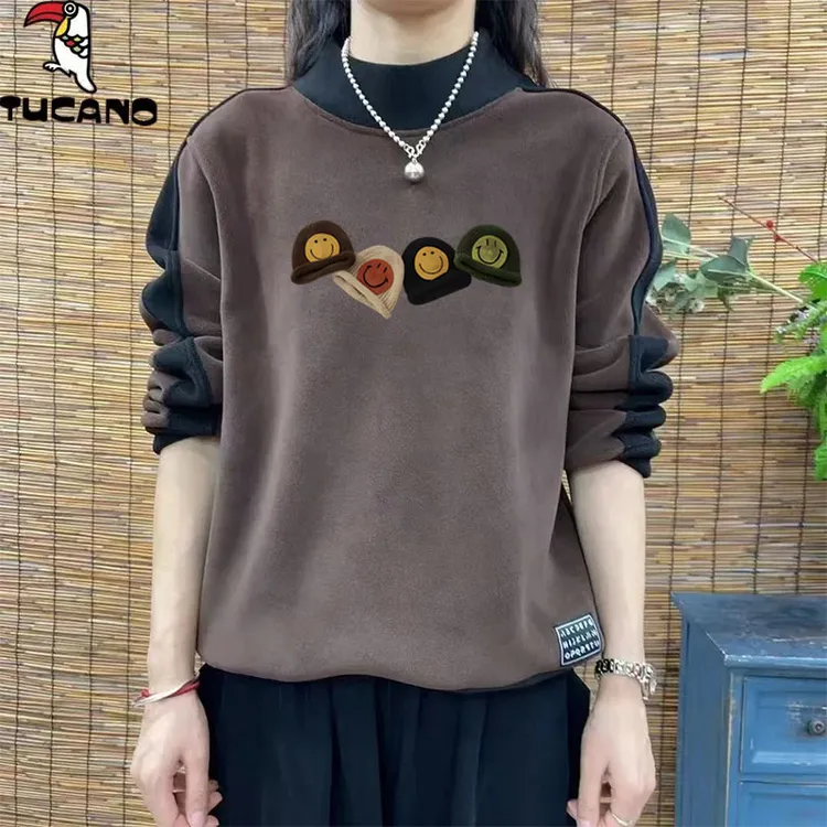 啄木鸟德绒秋季新款打底衫上衣女士休闲高领个性简约保暖长袖T恤