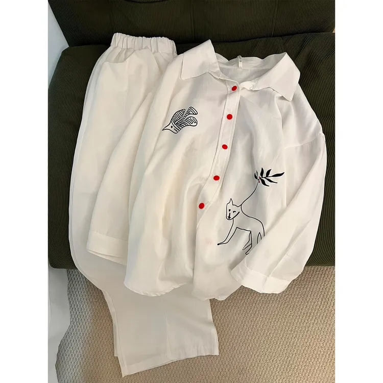 日系简约风涂鸦七分袖睡衣女秋季新款宽松休闲情侣家居服套装外穿