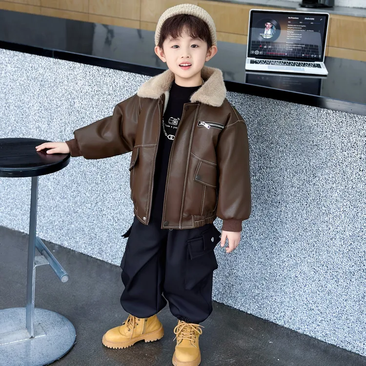 男童加绒皮衣外套秋冬2025新款小男孩加厚保暖夹克衫儿童冬季上衣