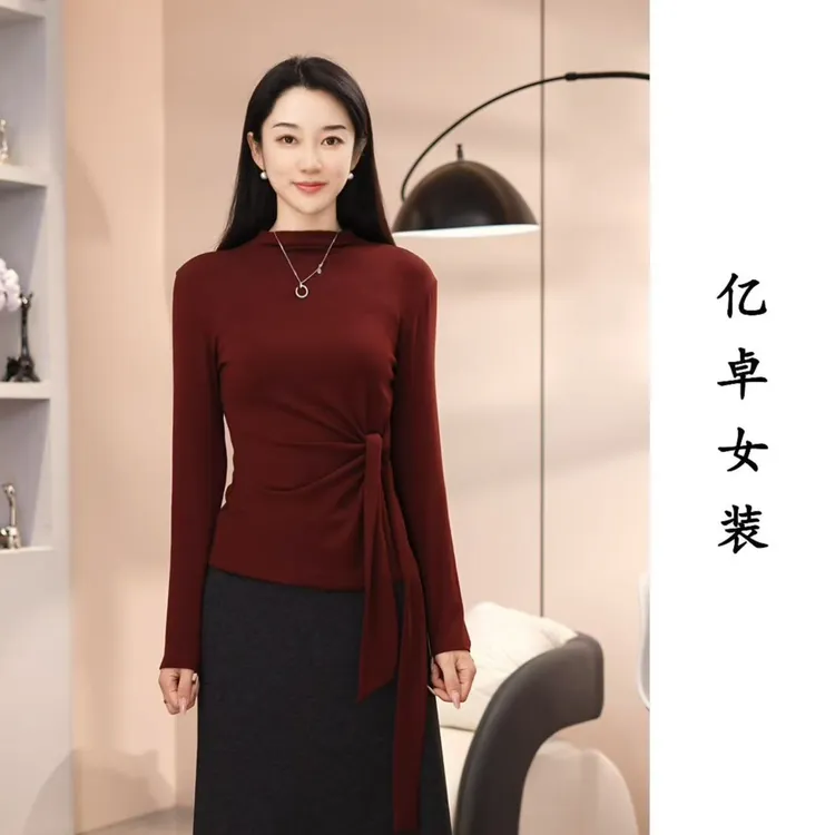 极简半高领系带收腰打底衫！ 2025秋冬长袖洋气质减龄显瘦百搭T恤
