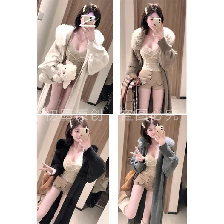 【加厚款】毛毛领外套长款秋冬季针织开衫毛衣女装大衣宽松时尚韩版