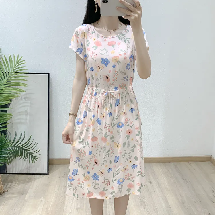 有口袋夏季新款碎花棉绸连衣裙外穿女年轻款中长人造棉外出裙子