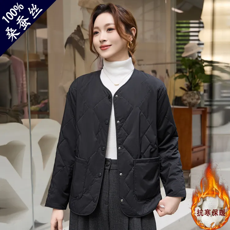 桑蚕丝棉袄女冬装保暖棉衣棉服加厚款宽松棉衣小棉袄妈妈上衣外穿