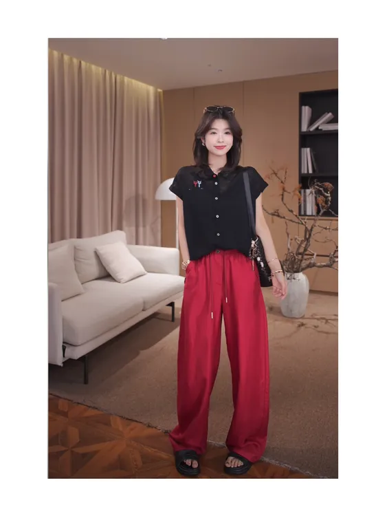 广州琴姐【快乐魔法】欧若风时尚抽绳松紧腰休闲直筒裤子女夏季2833