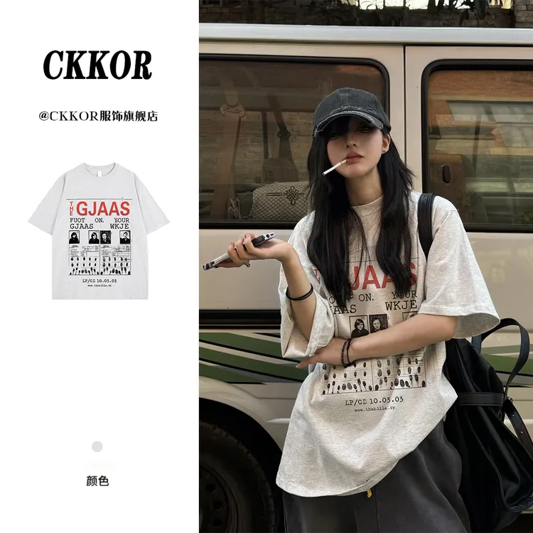 CKKOR韩版休闲纯棉圆领印花短袖t恤女街头松弛感慵懒风百搭上衣服