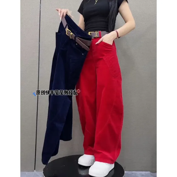 新款长裤2025秋季弯刀裤女士条绒长裤时尚宽松拖地裤灯芯绒阔腿裤