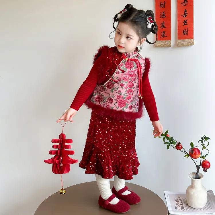 女童新中式冬款唐装加厚马甲三件套新款童装冬季中国风毛衣拜年服
