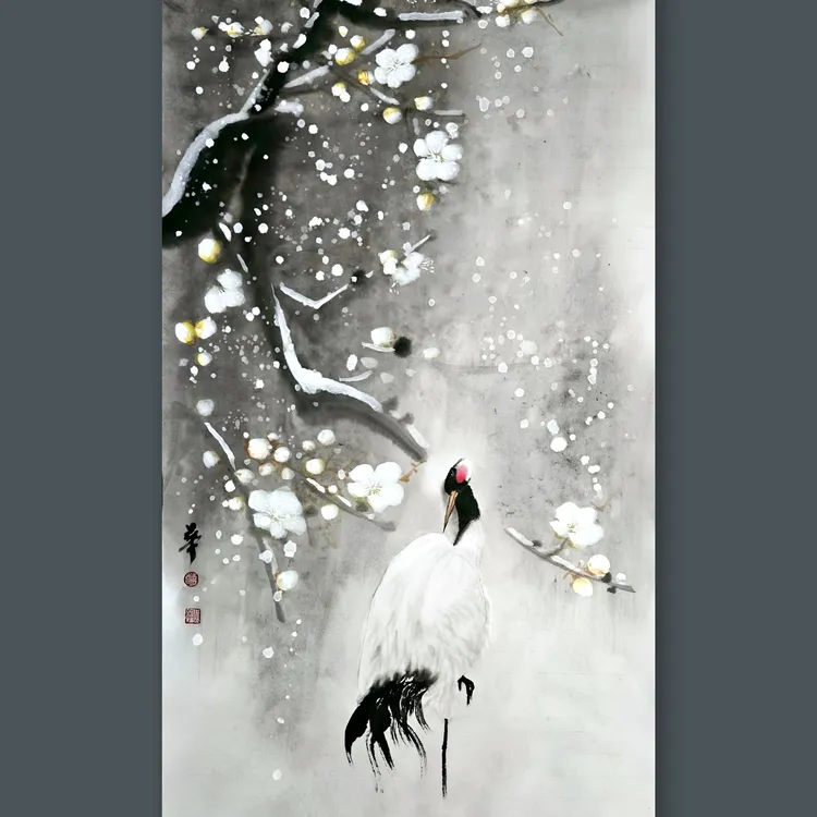 新中式仙鹤竖幅花鸟国画装饰画适合茶室书房玄关悬挂