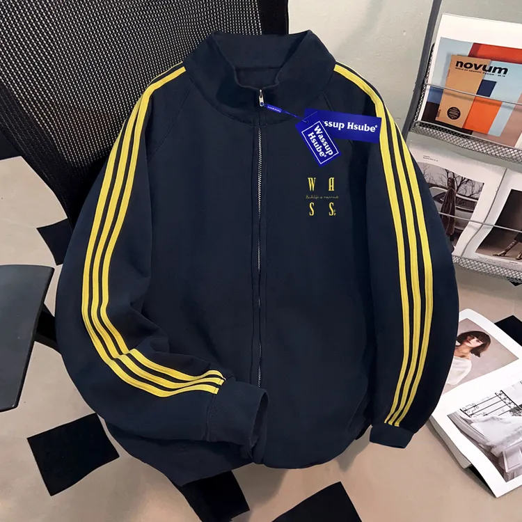 WASSUP HSUBE美式三条杠开衫立领卫衣棒球服复古印花潮牌男女上衣