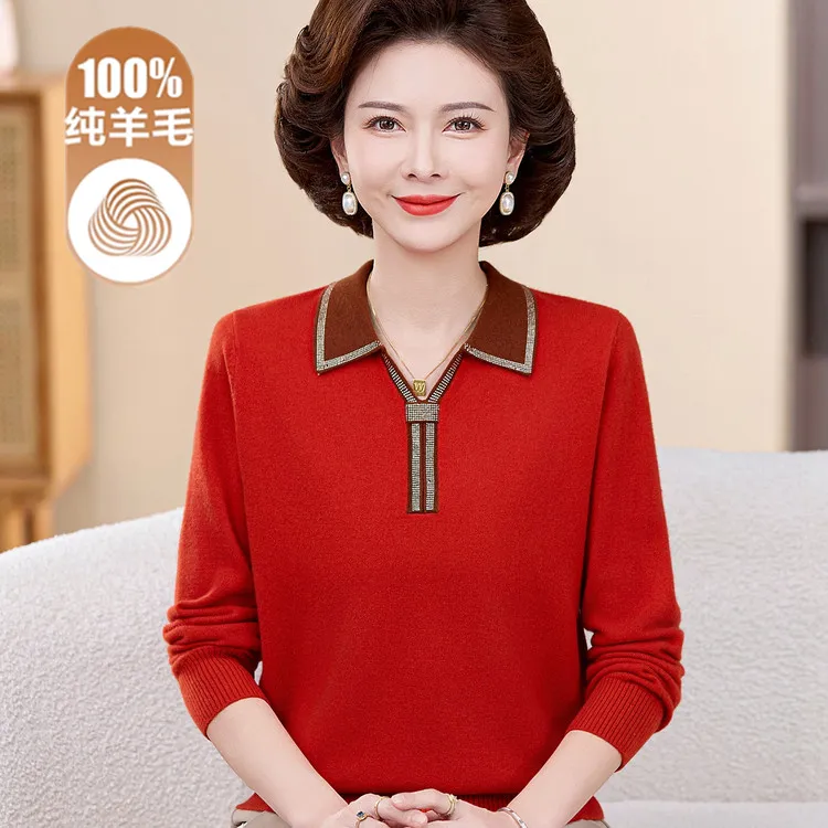100%纯羊毛衫妈妈装秋冬毛衣针织衫洋气中老年女装高端贵夫人上衣
