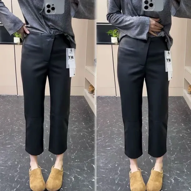 欧货冬新加绒皮裤女高腰显瘦百搭蛋白皮九分直筒裤时尚休闲仿皮裤