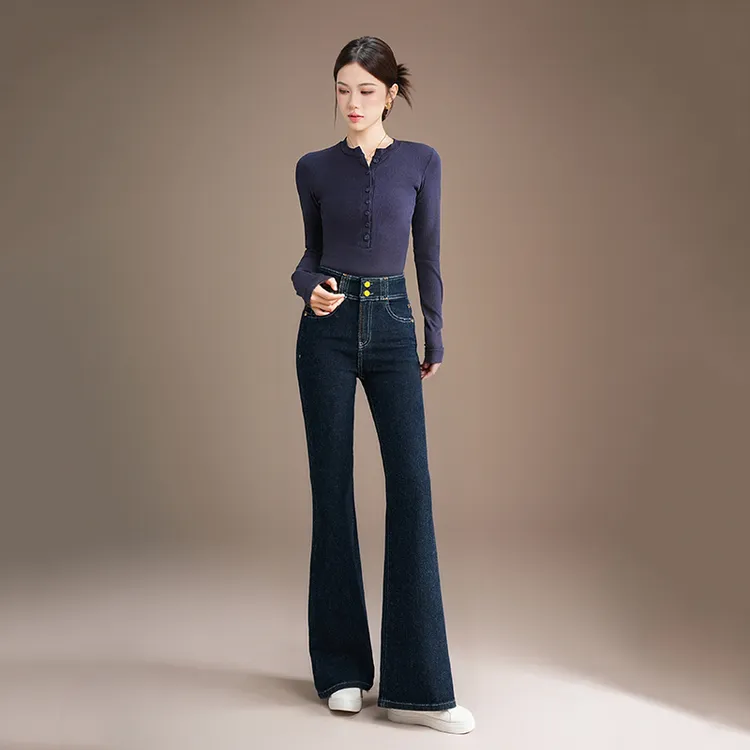 悉妍原创秋冬新款显瘦喇叭牛仔2扣时尚四面弹高级藏蓝色加绒9986