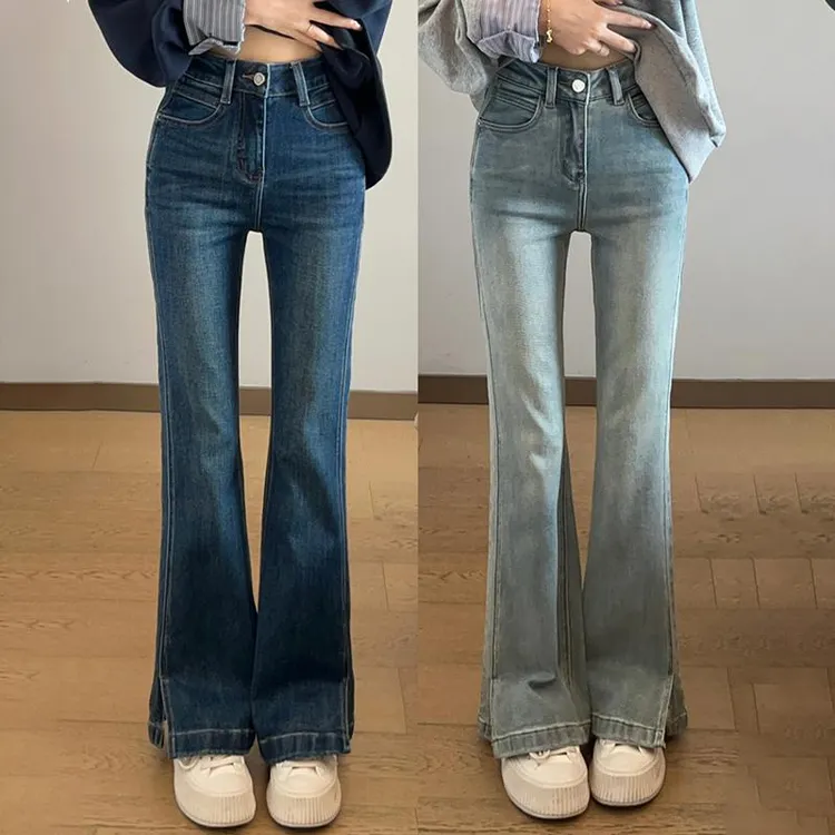 微喇牛仔裤女款2025新款秋冬加绒裤子大码胖mm高腰弹力显瘦喇叭裤