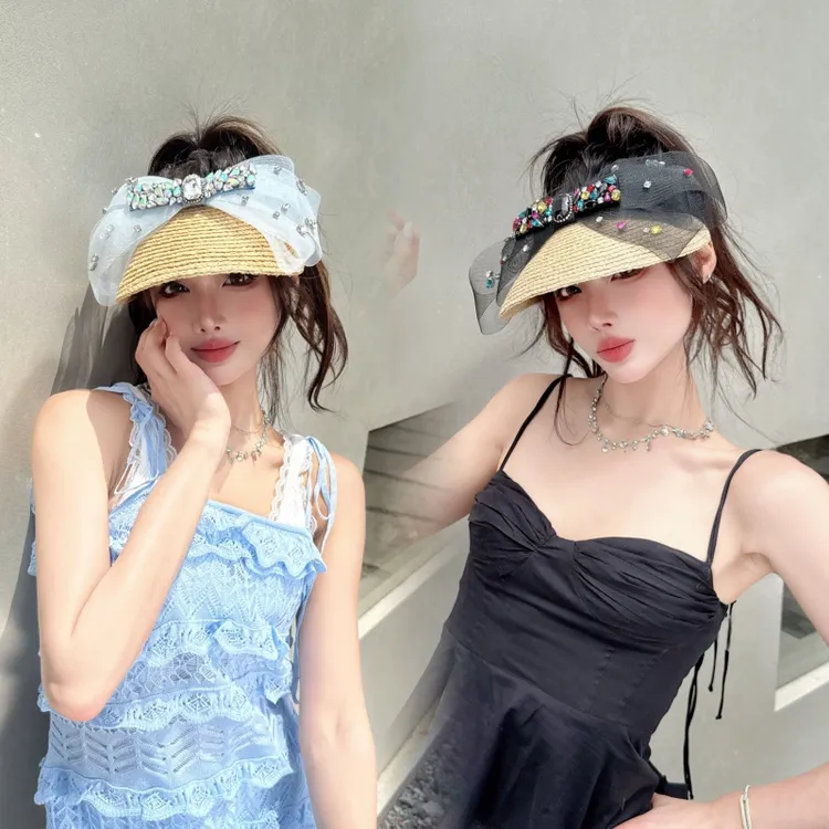 CREAMPP 设计师小众手工钻饰网纱大蝴蝶结Party度假拉菲草空顶帽