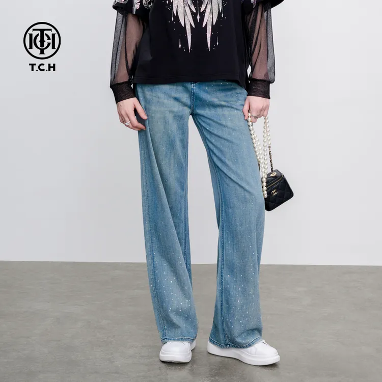 TCH轻奢25夏季新款烫钻水洗直筒高腰宽松牛仔裤T75A208009私服tch