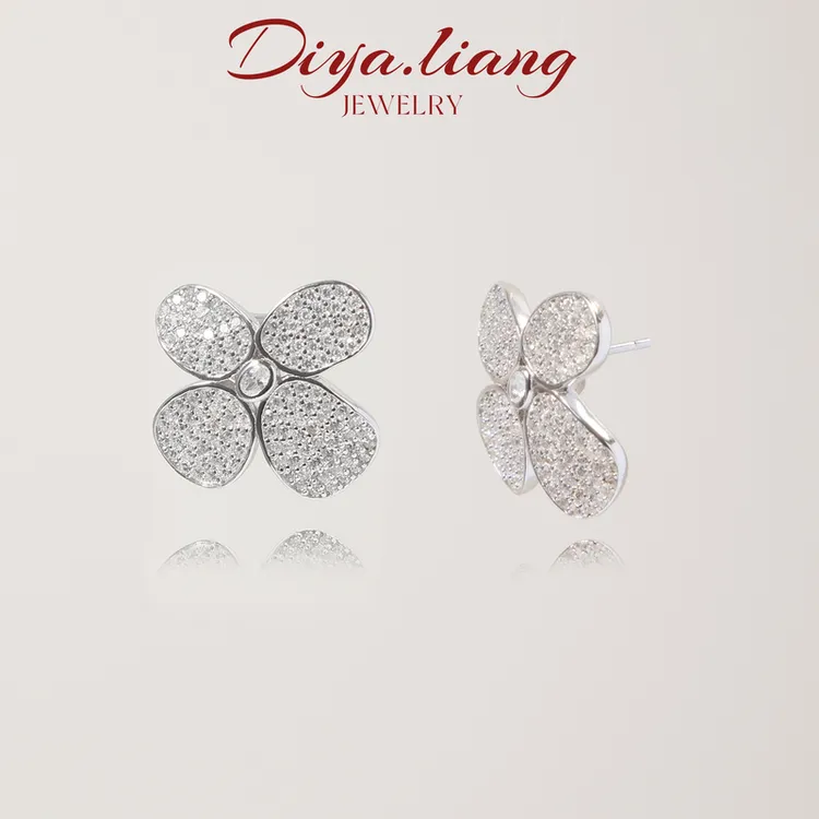 925银耳饰 梁雅帝新品【冰雾蝴蝶四叶宝相花】设计款气质纯银耳饰