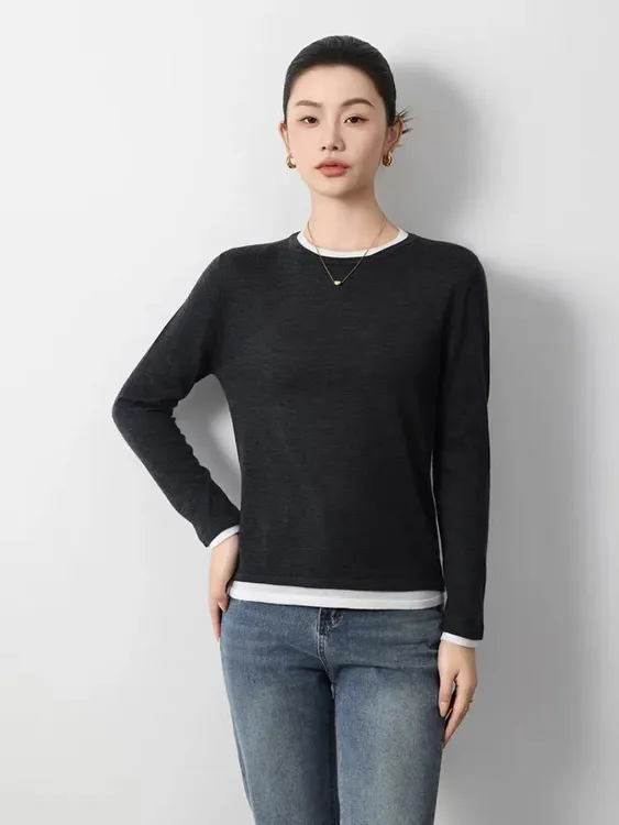 QD1637 精纺扬子纱针织薄款羊毛衫女100%纯羊毛拼色假两件打底