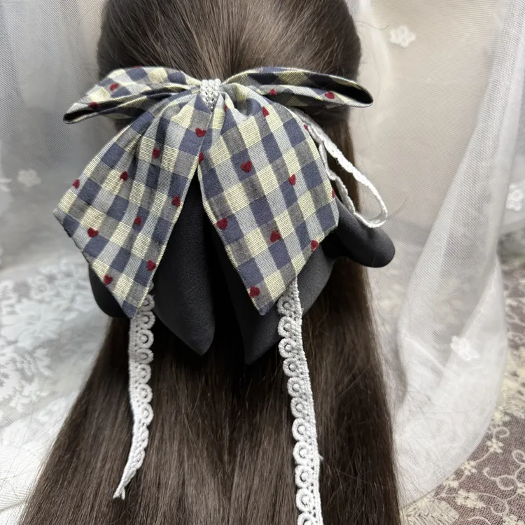 清新甜美心动格纹蝴蝶结高颜值2025蕾丝发夹新款马尾夹后脑勺