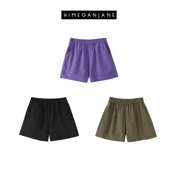HIMEGANJANE 100棉肌理感纯色松紧腰休闲百搭A字显瘦短裤 11291