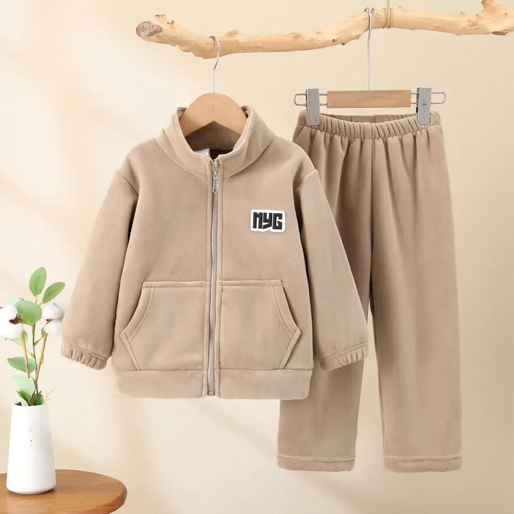 亲子冬装家居服加绒加厚双面复合奥利绒拉链立领北极绒家居服套装