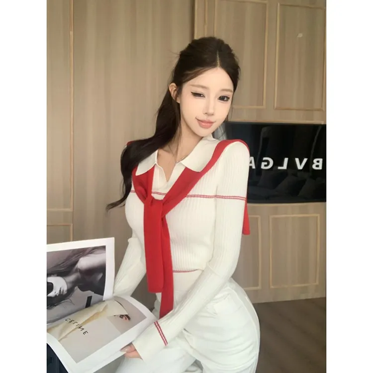 老钱风polo领针织衫女秋冬巨好看的上衣打底衫内搭毛衣披肩两件套
