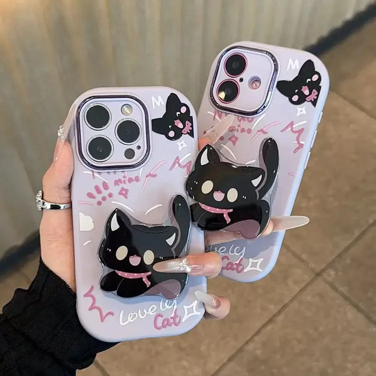 可爱小黑猫支架适用苹果17/16精孔胖子手机壳华为p80vivo小米oppo