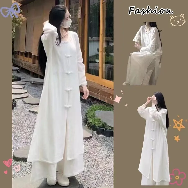简约国风睡衣女春秋季宫廷复古纯色禅修服宽松两件套外穿家居服薄
