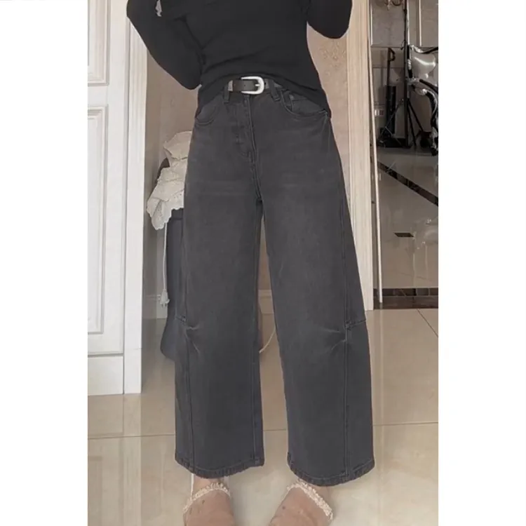 艾塔莉秋季女大码宽松牛仔裤百搭时尚褶皱设计感阔腿裤直筒九分裤