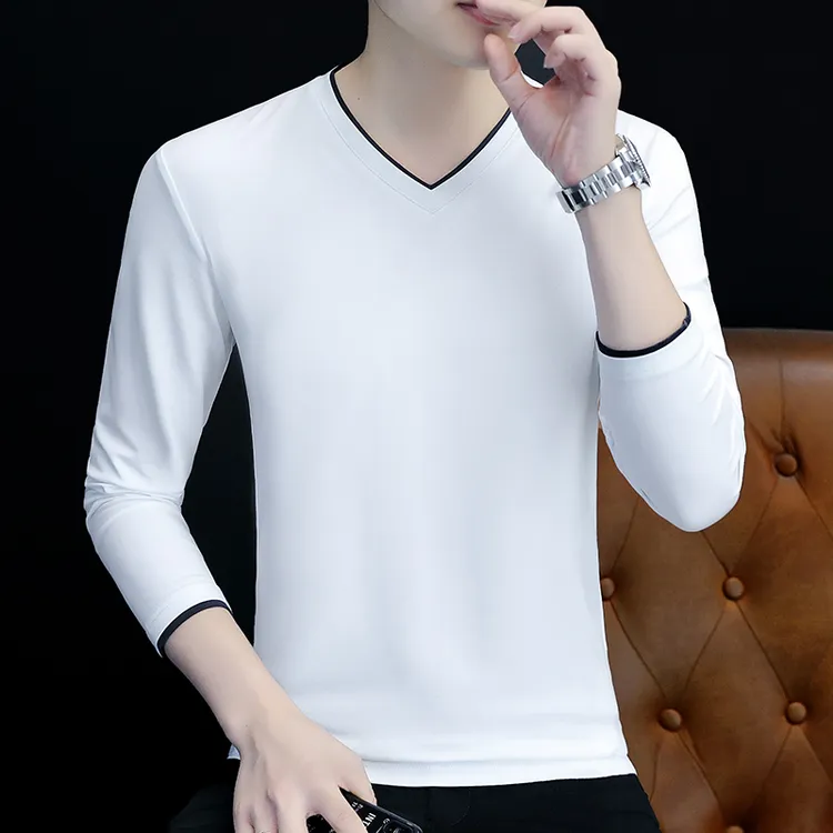 帅气青年纯棉长袖T恤v领百搭潮牌秋衣男款低领内外穿上衣秋冬单件