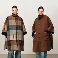 Fabrique Florence 摩卡棕正反两穿绵羊毛骆驼绒格纹斗篷式大衣