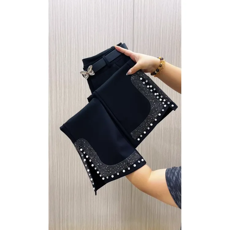 南韩弹力时尚显瘦微喇裤女重工钉珠开叉休闲裤2025年夏季新款潮流