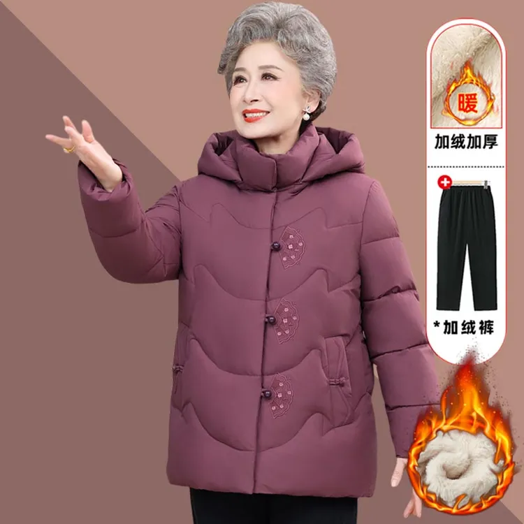 老太太棉袄加绒奶奶冬装中老年人连帽棉衣70岁80老年妈妈棉服外套
