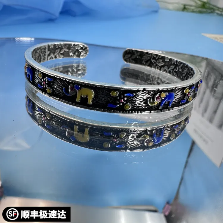 足银手镯 足银9999珐琅彩小象吉祥足银手镯八方来财烧蓝送女友
