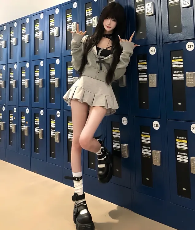 灰色轨迹 秋季纯欲风小众显瘦甜美可爱灰色上衣半裙设计气质套装