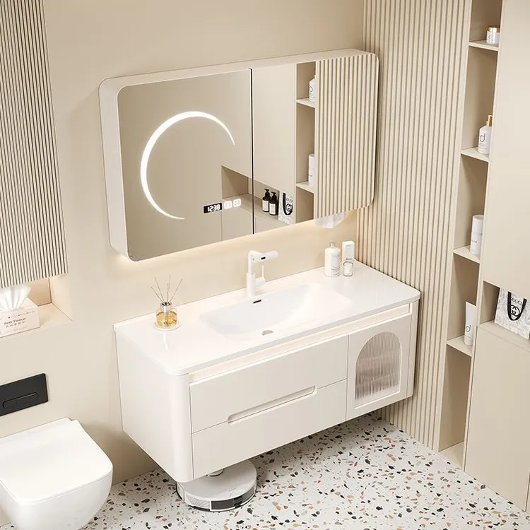 奶油圆角浴室柜组合卫生间陶瓷一体盆现代简约防水洗手洗脸盆套装
