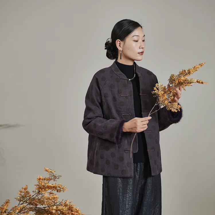 布小匠原创设计柞蚕丝波点香云纱夹棉外套女2025冬季新款高端棉服