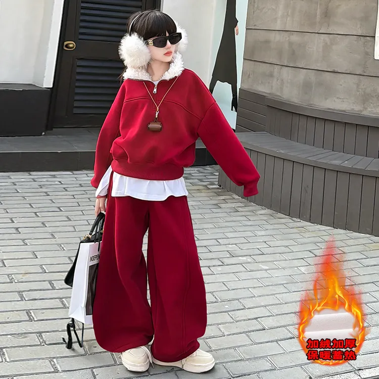 【酷哒仔】女童加绒加厚氛围感卫衣裤子两件套装2025冬装中大童潮范