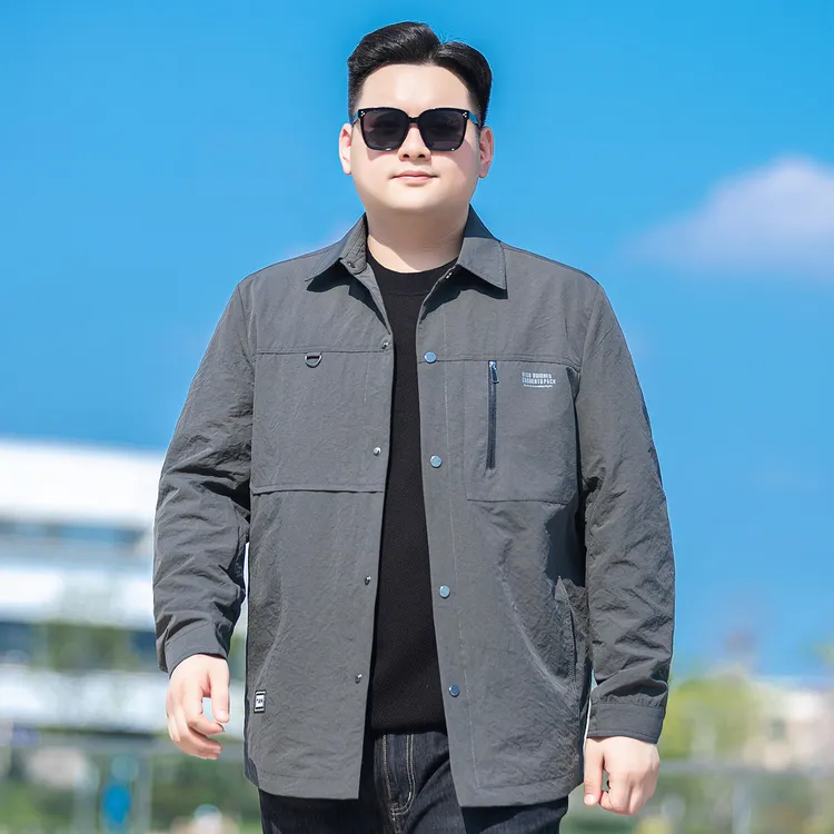 大码男装翻领夹克外套男宽松休闲春秋加肥加大胖子衬衫式工装夹克