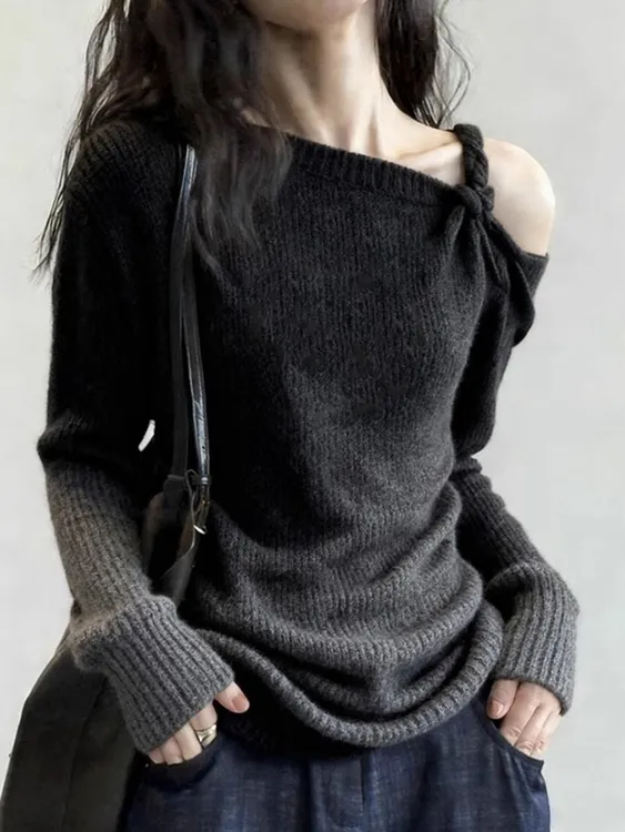 露肩针织衫高级感黑色套头毛衣长袖轻奢2025冬季欧货上衣显瘦休闲