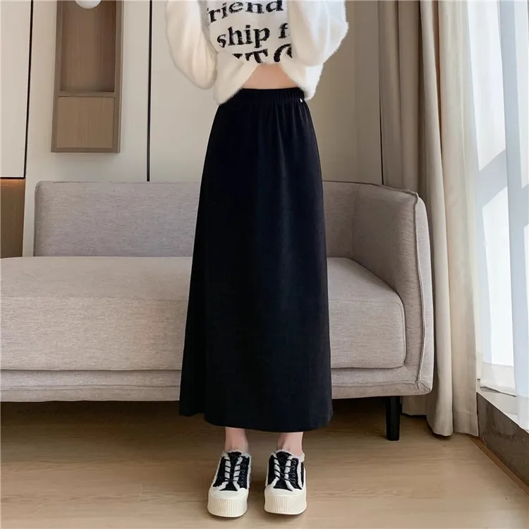  大码200斤半身裙韩版松紧腰高腰雪尼尔女春秋新款休闲长裙女开叉