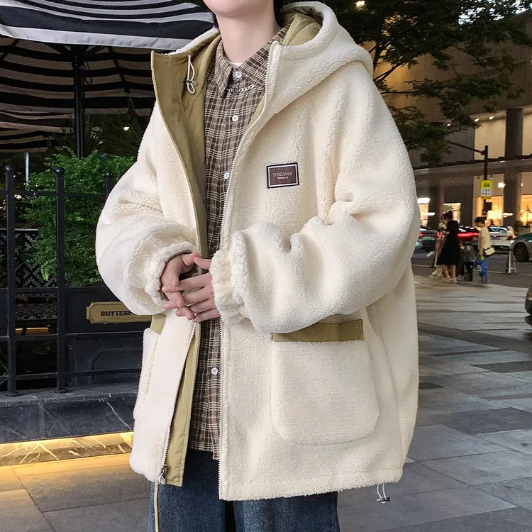 羊羔绒外套男秋冬季新款潮牌宽松连帽夹克男装潮流双面穿加绒棉衣
