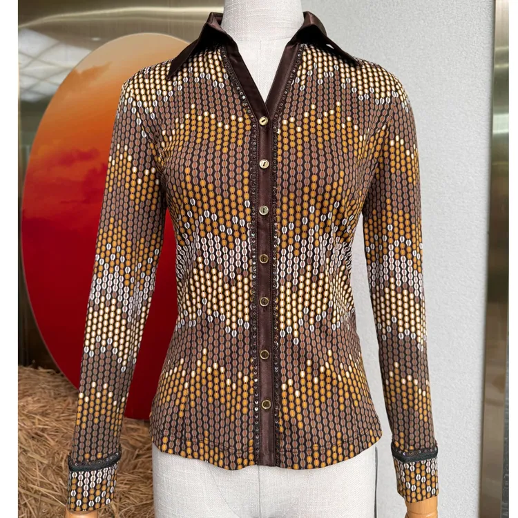 声雨竹经典修身弹力舒适显瘦打底亮片V领翻领衬衫蜂巢红色棕色