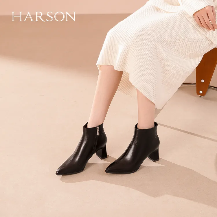 Harson/哈森25秋冬新款时尚百搭真皮短靴高跟气质瘦瘦靴HWA250155