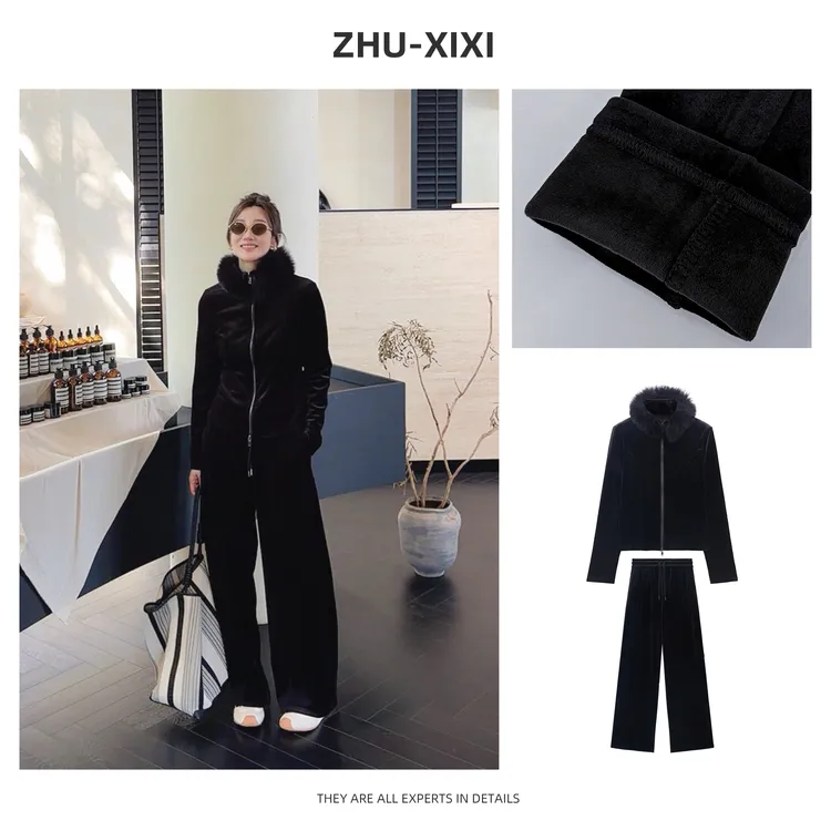 祝喜喜【黑蔷毛领】冬季黑色加绒银狐绒毛领可拆卸拉链开衫时尚套装