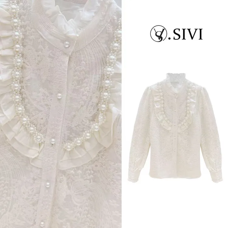 熙薇【珠光蕾影】2025冬季新款高级宫廷风立领蕾丝衬衣H6551