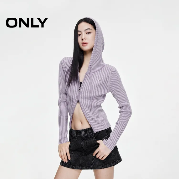 【秋季新款】ONLY显瘦连帽条纹针织衫女休闲时尚长袖短款|12543B011