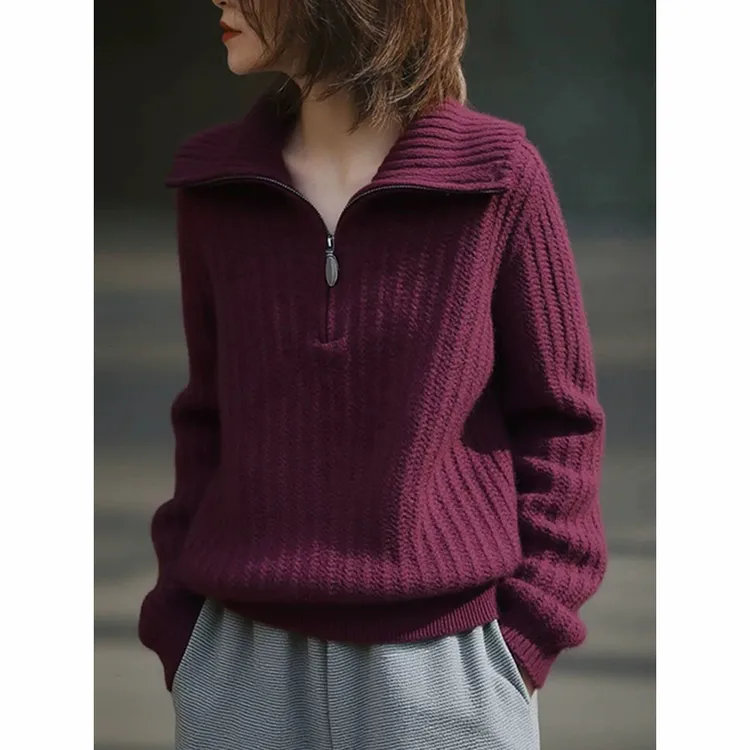 紫色翻领半拉链针织衫女士秋冬新款洋气显瘦减龄毛衣内搭打底上衣